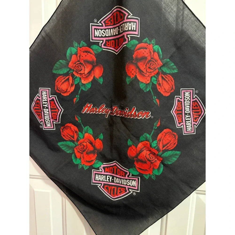 Vintage Harley Davidson Bandana Black Red Roses Pink Bar & Shield Logo Scarf